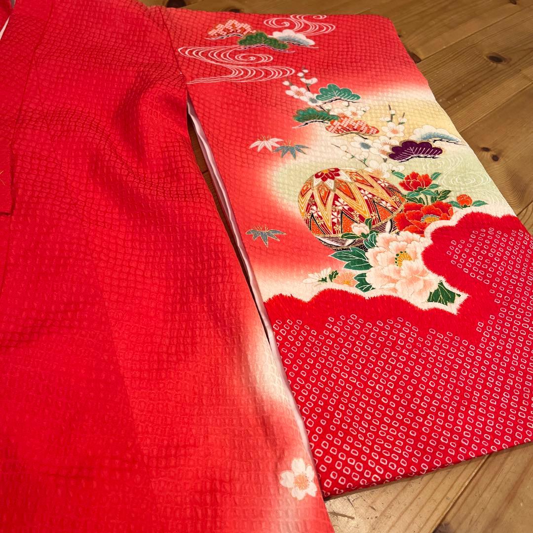 正絹　友禅調 晴れ着 朱赤 古典柄 絞り　七五三 お宮参り長襦袢セット