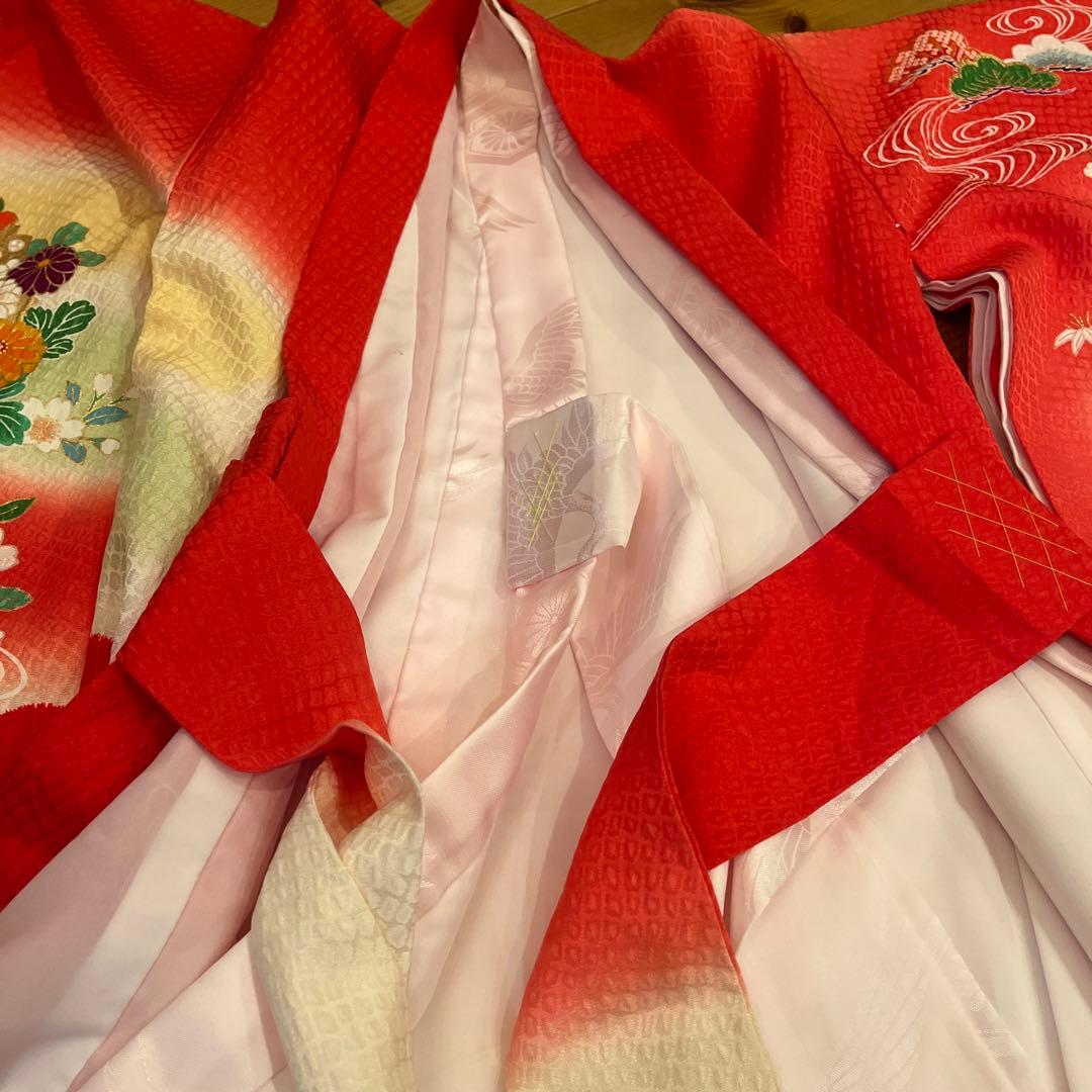 正絹　友禅調 晴れ着 朱赤 古典柄 絞り　七五三 お宮参り長襦袢セット