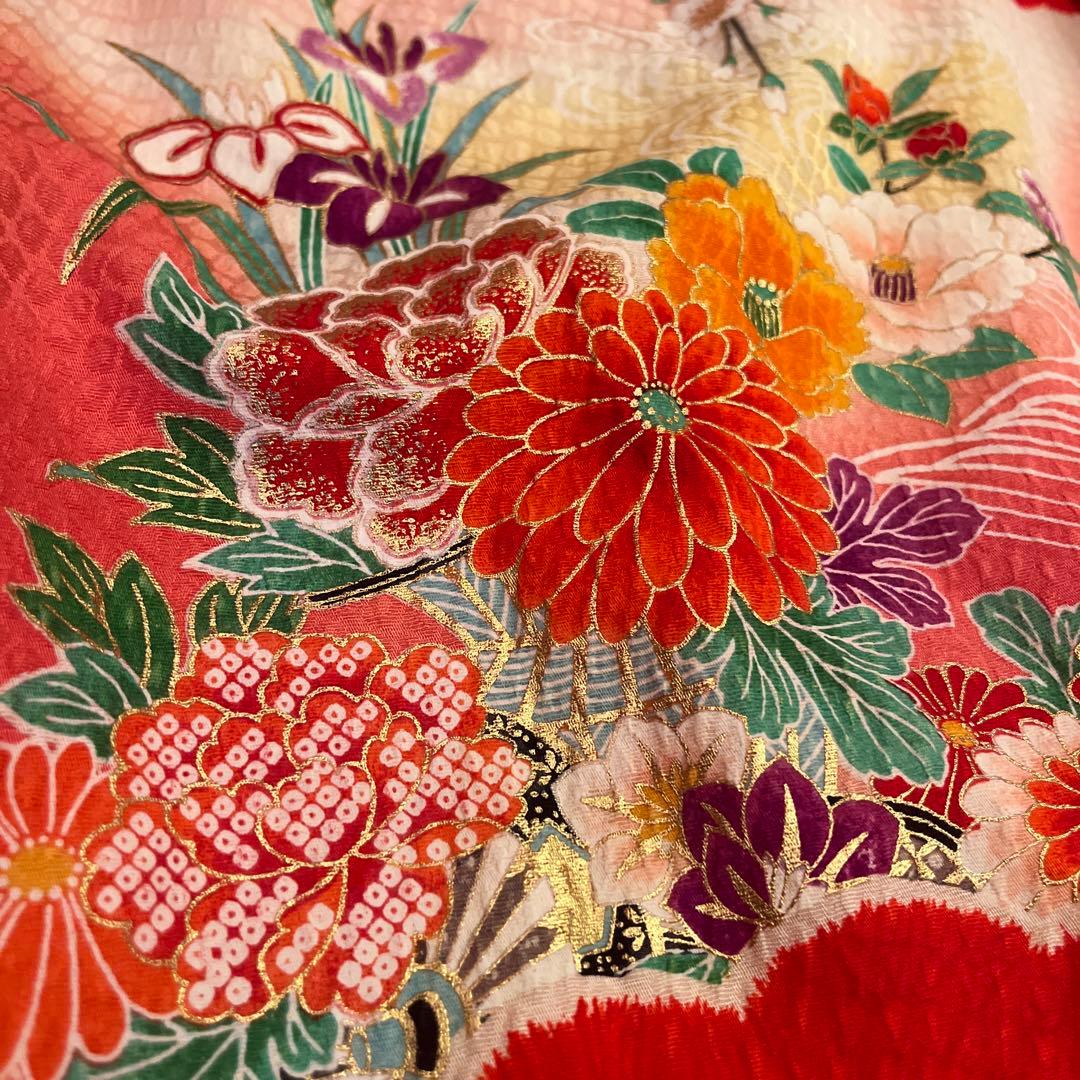 正絹　友禅調 晴れ着 朱赤 古典柄 絞り　七五三 お宮参り長襦袢セット