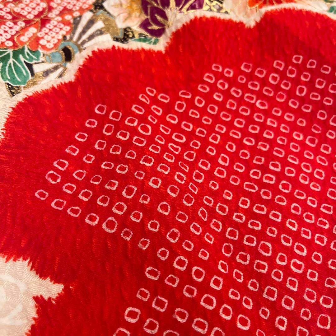 正絹　友禅調 晴れ着 朱赤 古典柄 絞り　七五三 お宮参り長襦袢セット