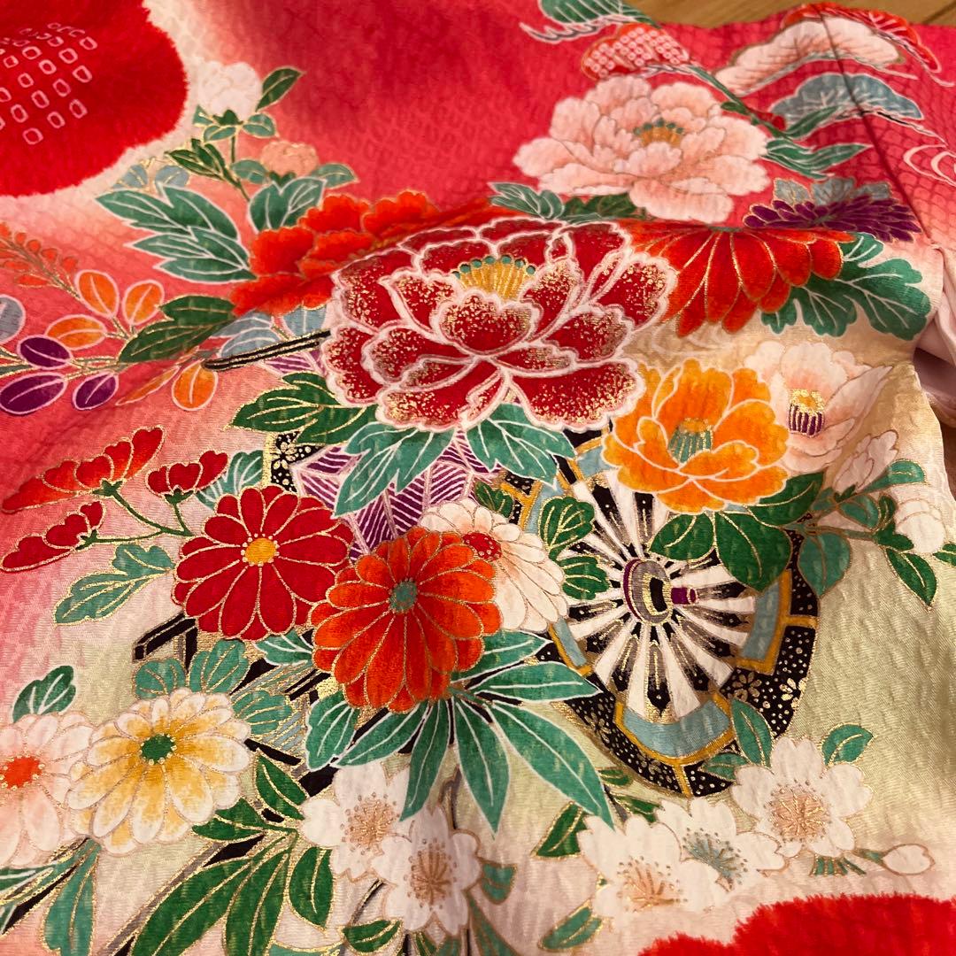 正絹　友禅調 晴れ着 朱赤 古典柄 絞り　七五三 お宮参り長襦袢セット