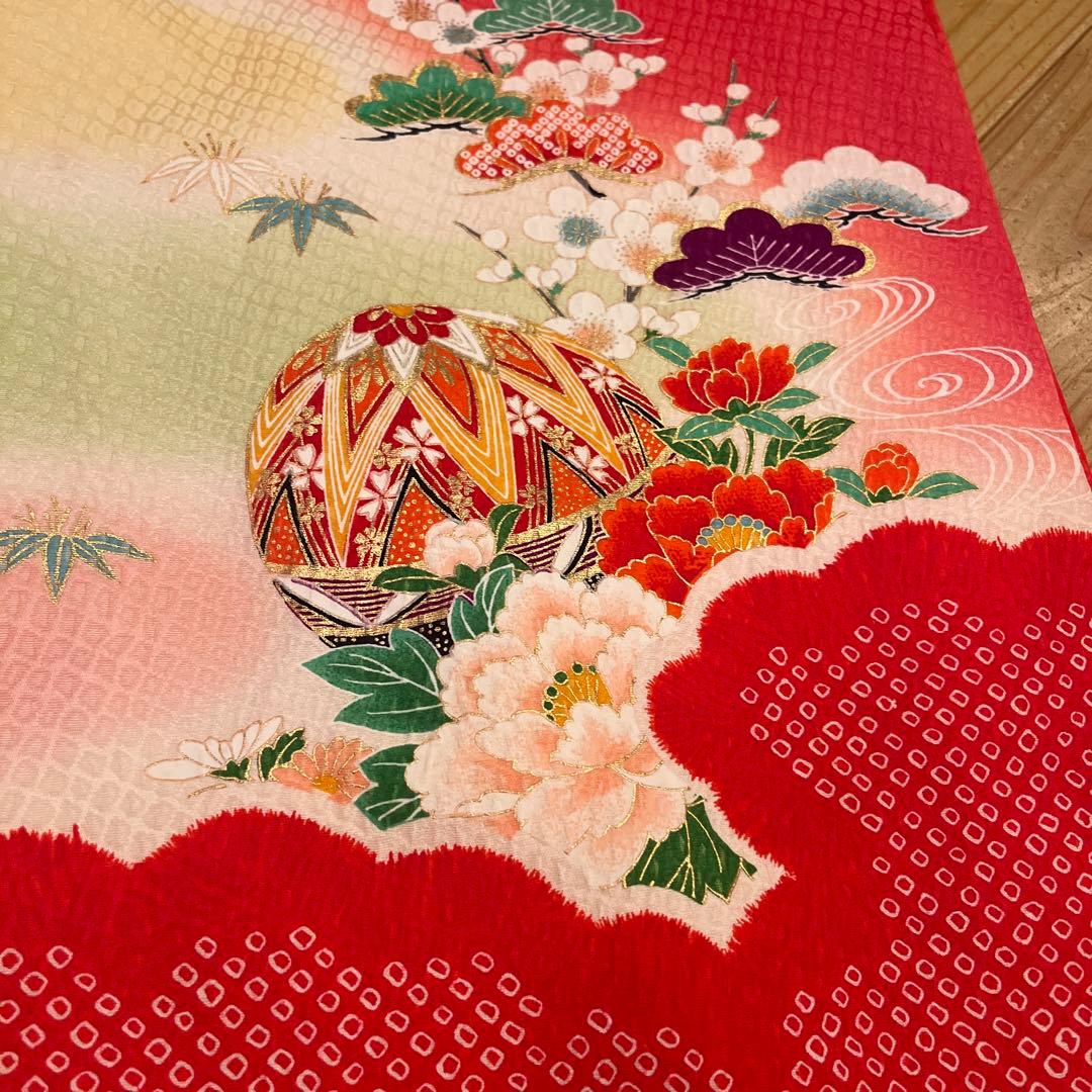 正絹　友禅調 晴れ着 朱赤 古典柄 絞り　七五三 お宮参り長襦袢セット