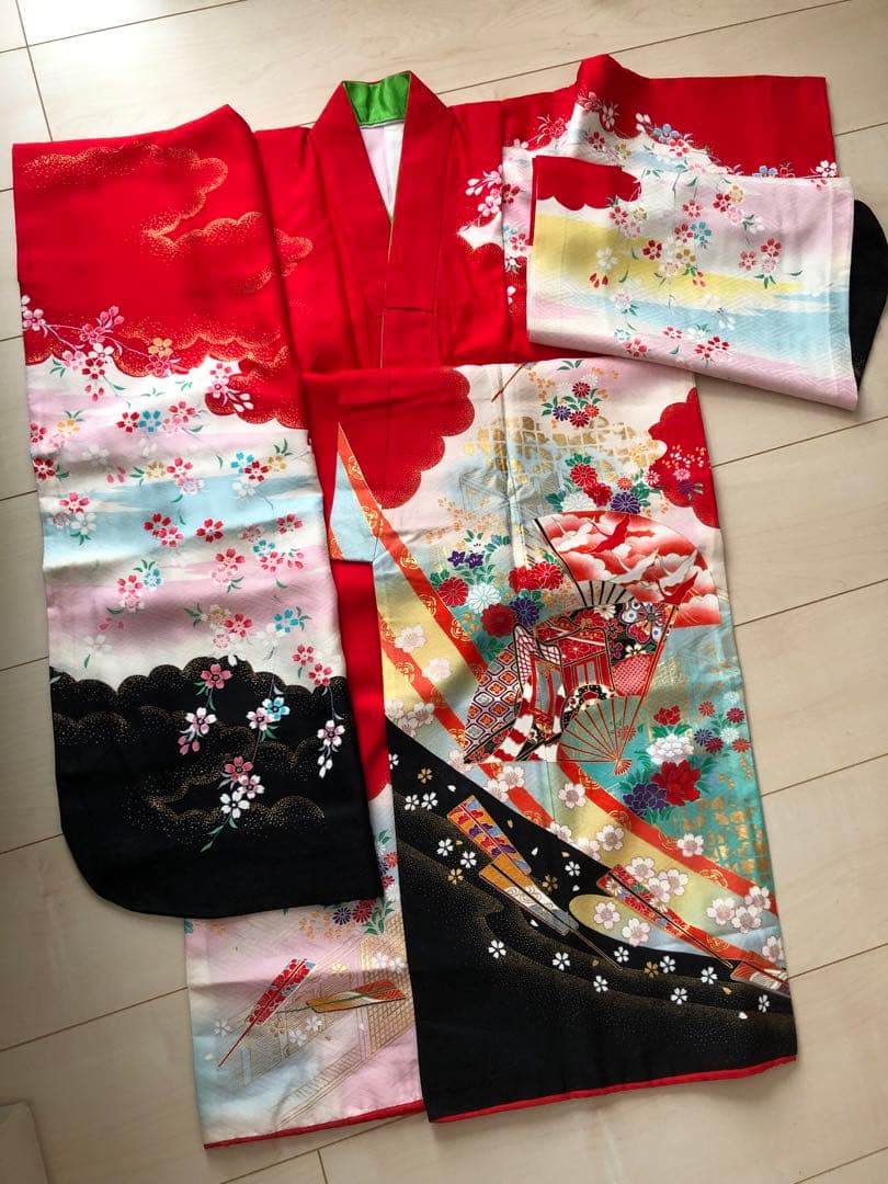 七五三 子供用 赤い花柄着物 フルセット 作り帯