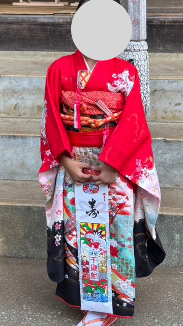 七五三 子供用 赤い花柄着物 フルセット 作り帯