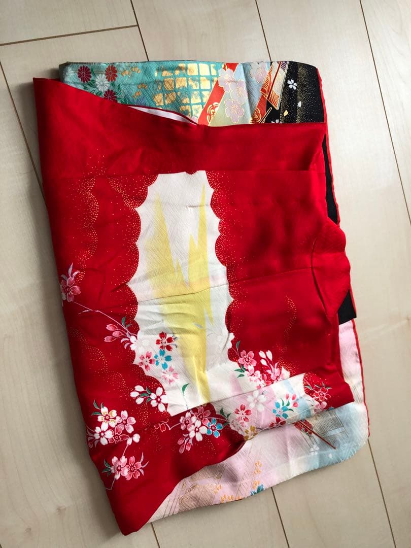 七五三 子供用 赤い花柄着物 フルセット 作り帯