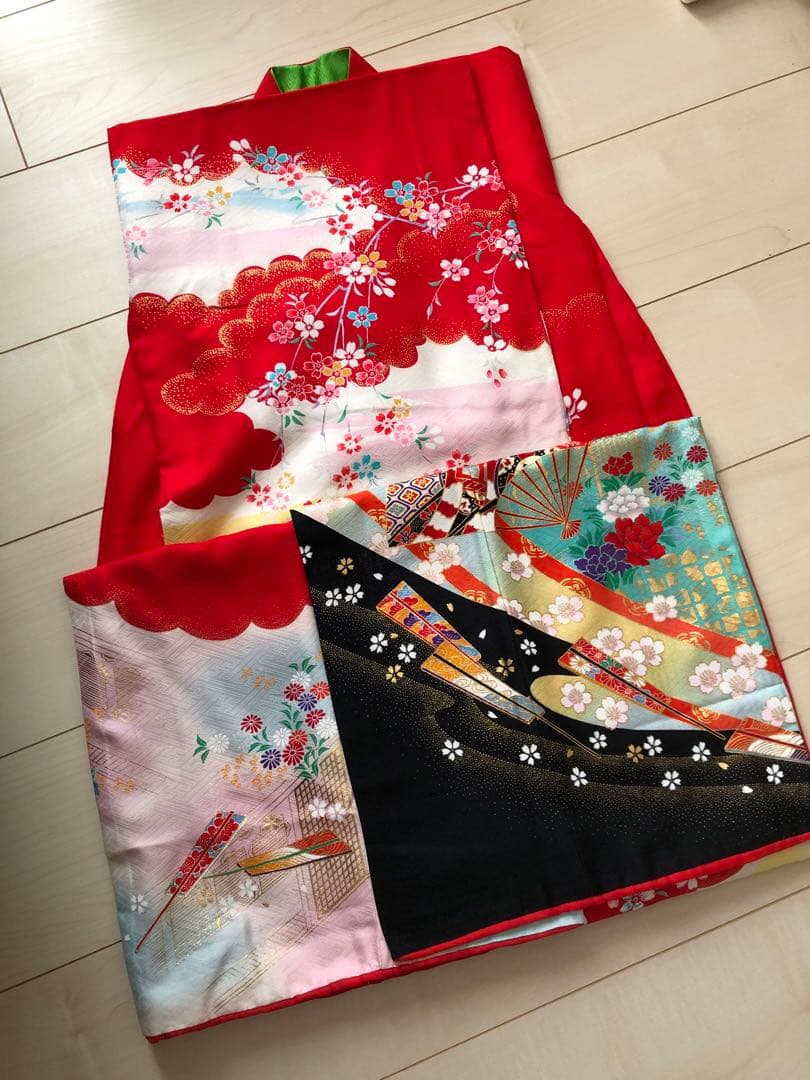 七五三 子供用 赤い花柄着物 フルセット 作り帯