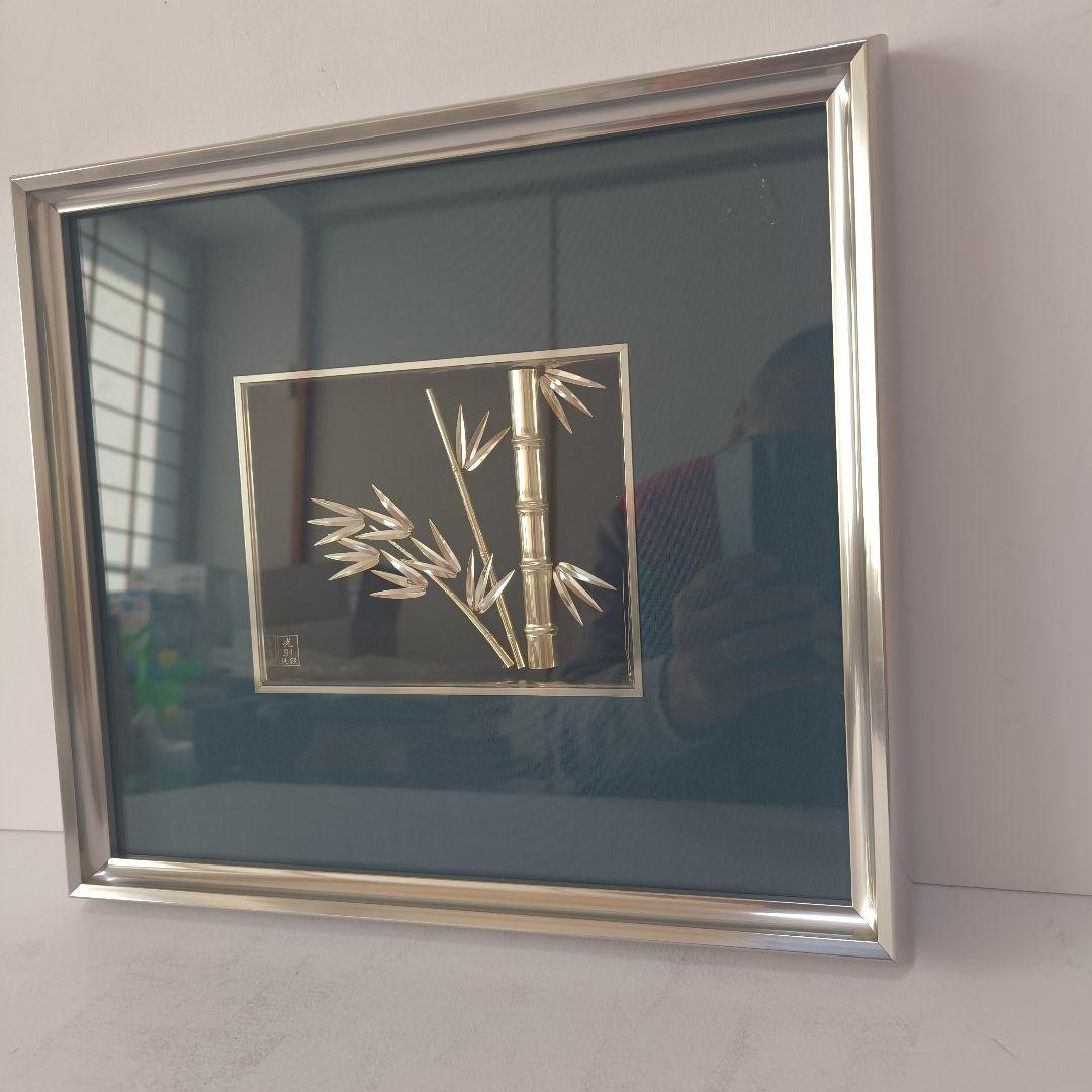 金工師 光則作 純銀製 貴金属画 純銀竹笹図 壁飾り