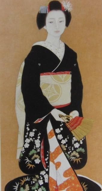 皆川千恵子、【先笄】、希少画集・額装画、新品高級額、マット額装付