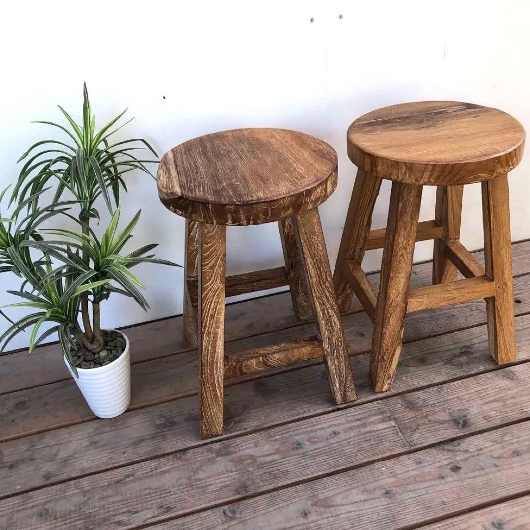 2脚セット オールドチーク材のスツール 無垢材 腰掛け 椅子 ラウンドスツール