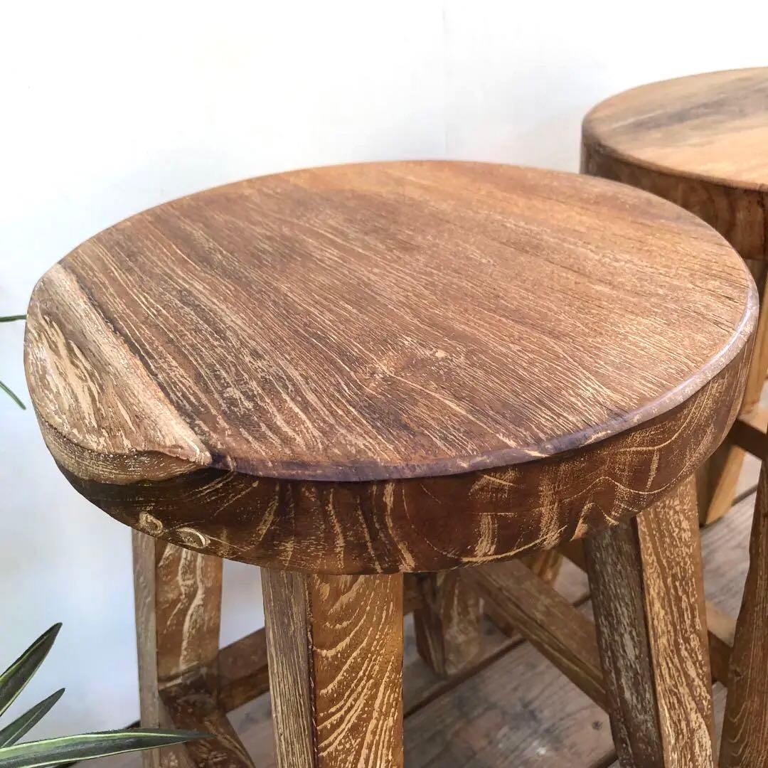 2脚セット オールドチーク材のスツール 無垢材 腰掛け 椅子 ラウンドスツール
