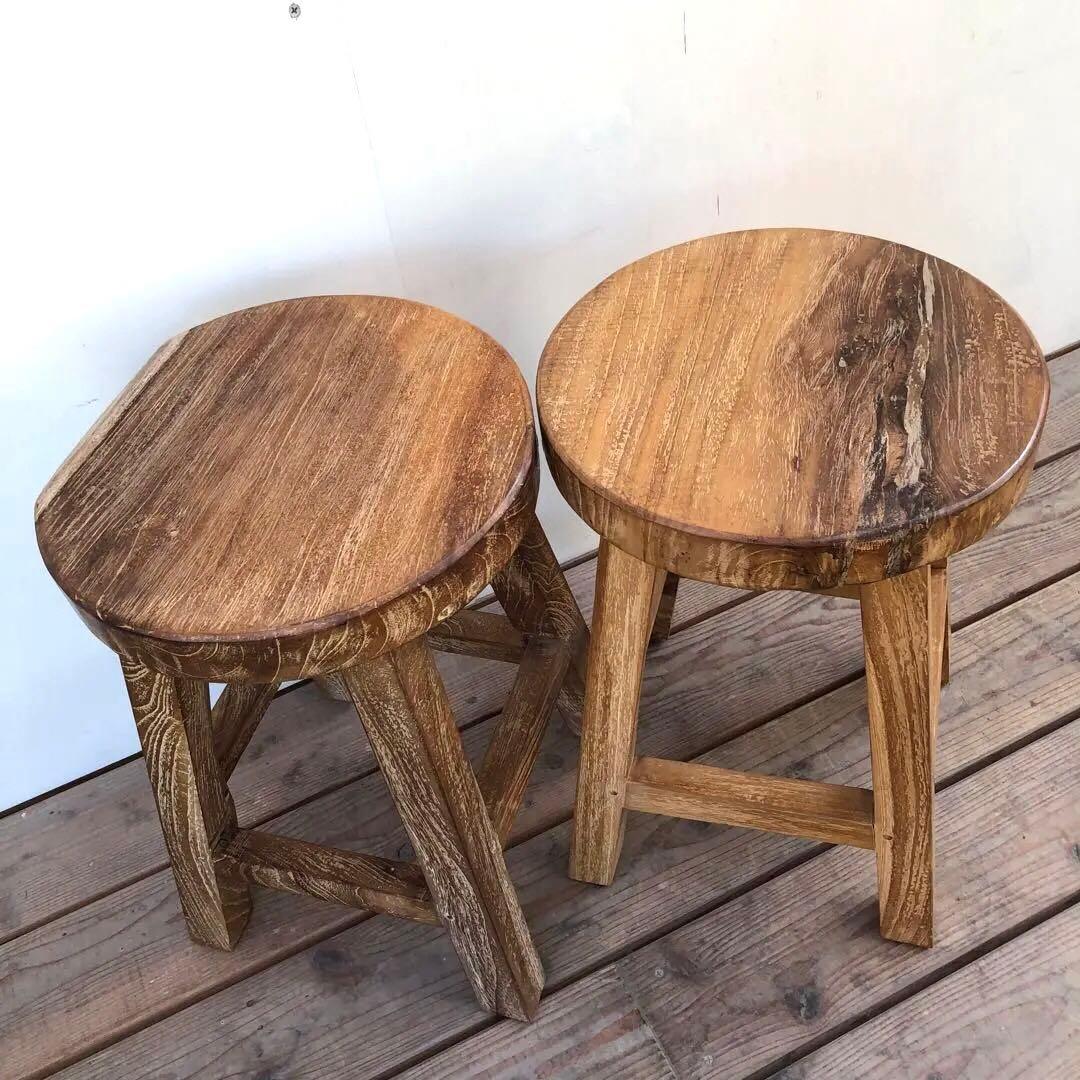 2脚セット オールドチーク材のスツール 無垢材 腰掛け 椅子 ラウンドスツール