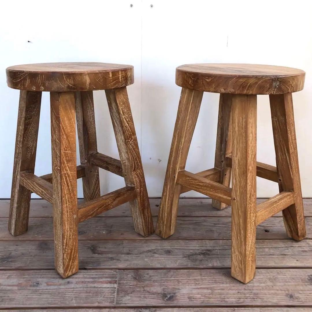 2脚セット オールドチーク材のスツール 無垢材 腰掛け 椅子 ラウンドスツール