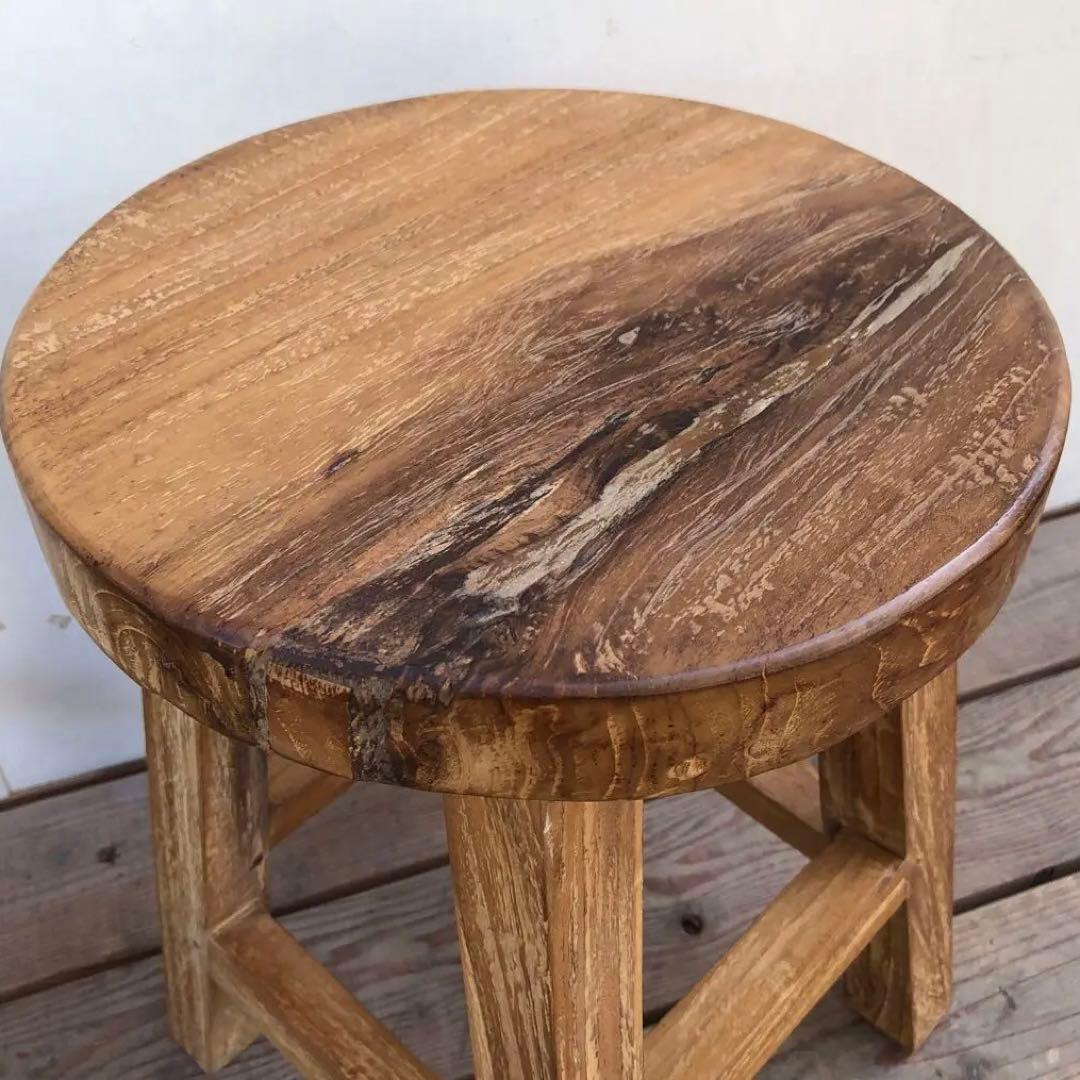 2脚セット オールドチーク材のスツール 無垢材 腰掛け 椅子 ラウンドスツール