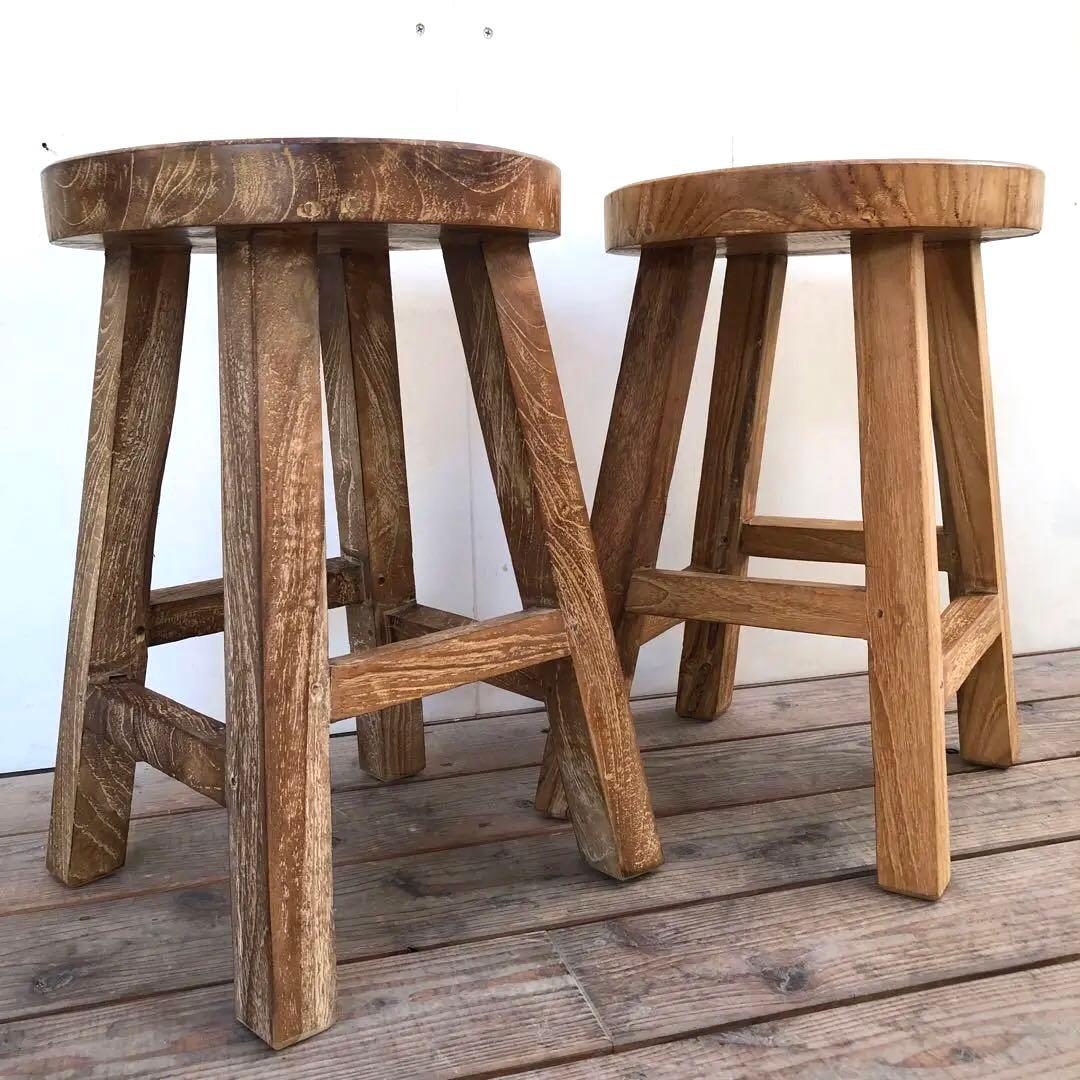 2脚セット オールドチーク材のスツール 無垢材 腰掛け 椅子 ラウンドスツール