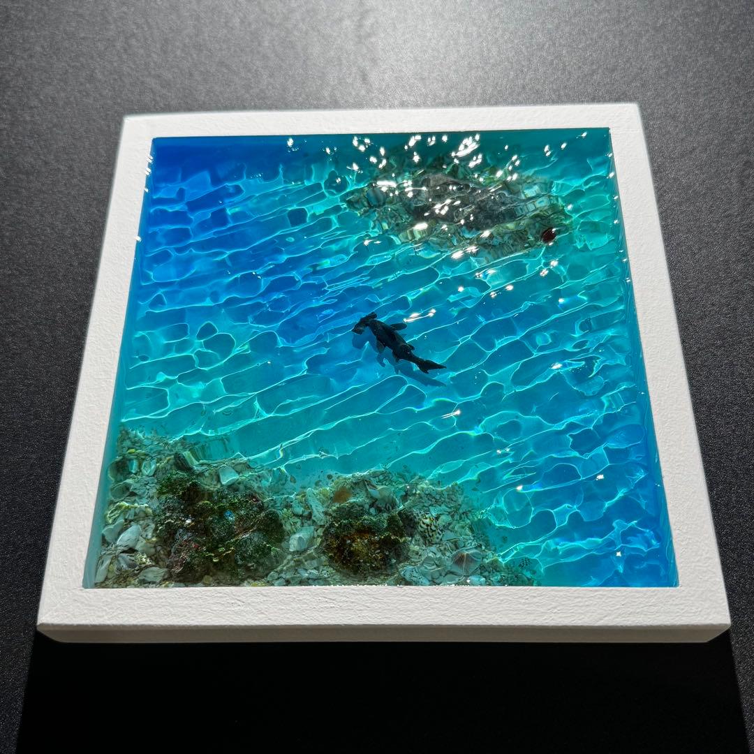 ハンマーヘッドシャーク 海 レジンアート 20x20cm サンゴ礁 ハンドメイド