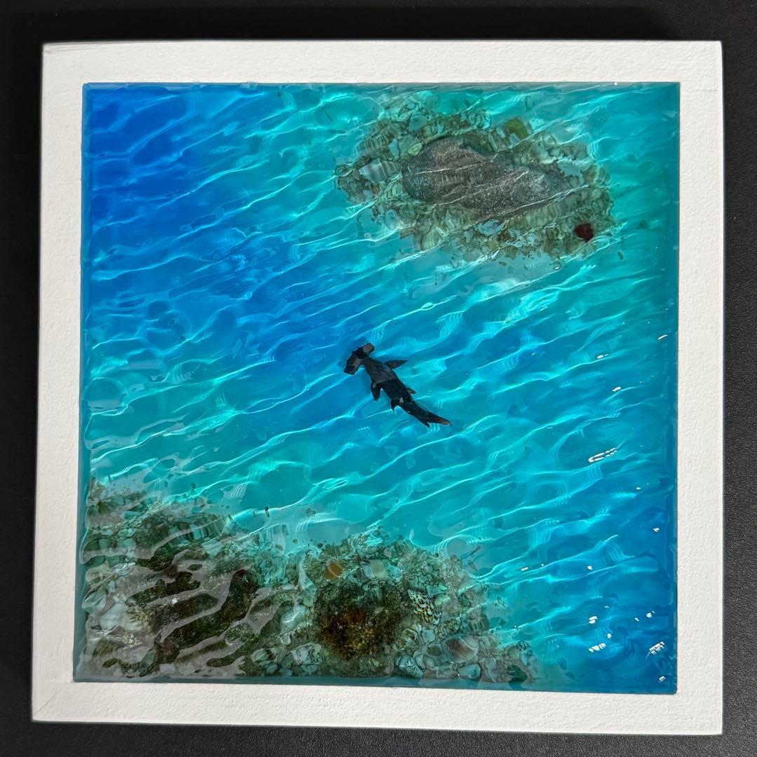ハンマーヘッドシャーク 海 レジンアート 20x20cm サンゴ礁 ハンドメイド