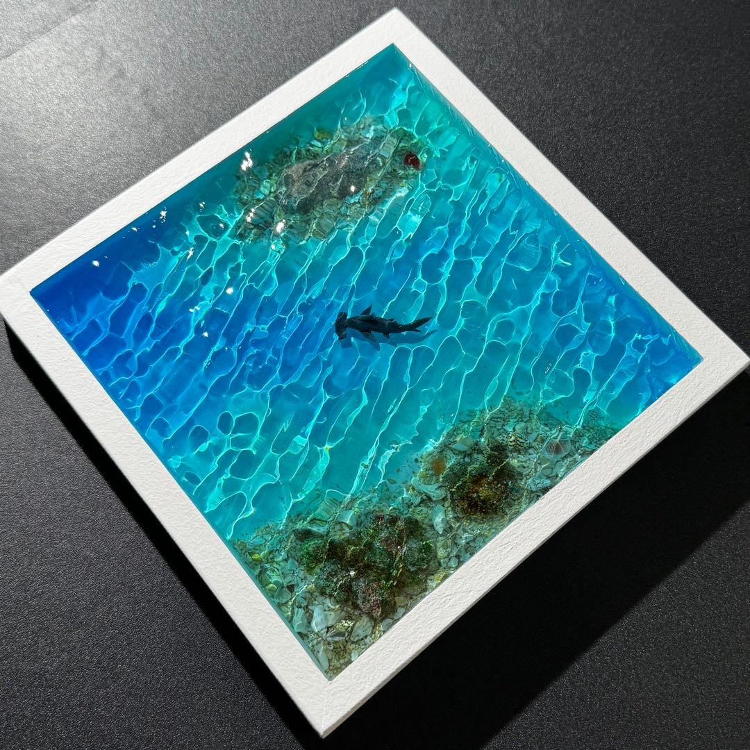 ハンマーヘッドシャーク 海 レジンアート 20x20cm サンゴ礁 ハンドメイド