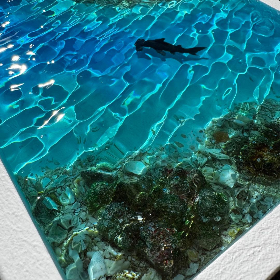 ハンマーヘッドシャーク 海 レジンアート 20x20cm サンゴ礁 ハンドメイド