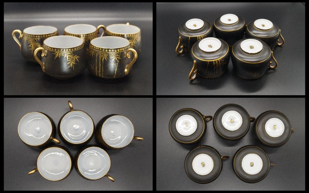 明治期 黒地金彩色絵【竹鳥図】カップ&ソーサ― (5セット) 在