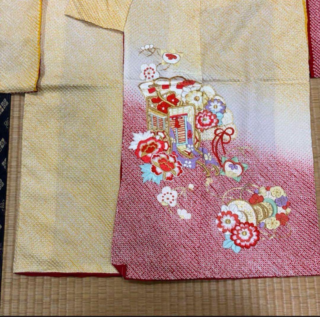 七五三　四ツ身女の子着物　正絹　仮絵羽　艶やか黄色　豪華絞り　刺繍　御所車