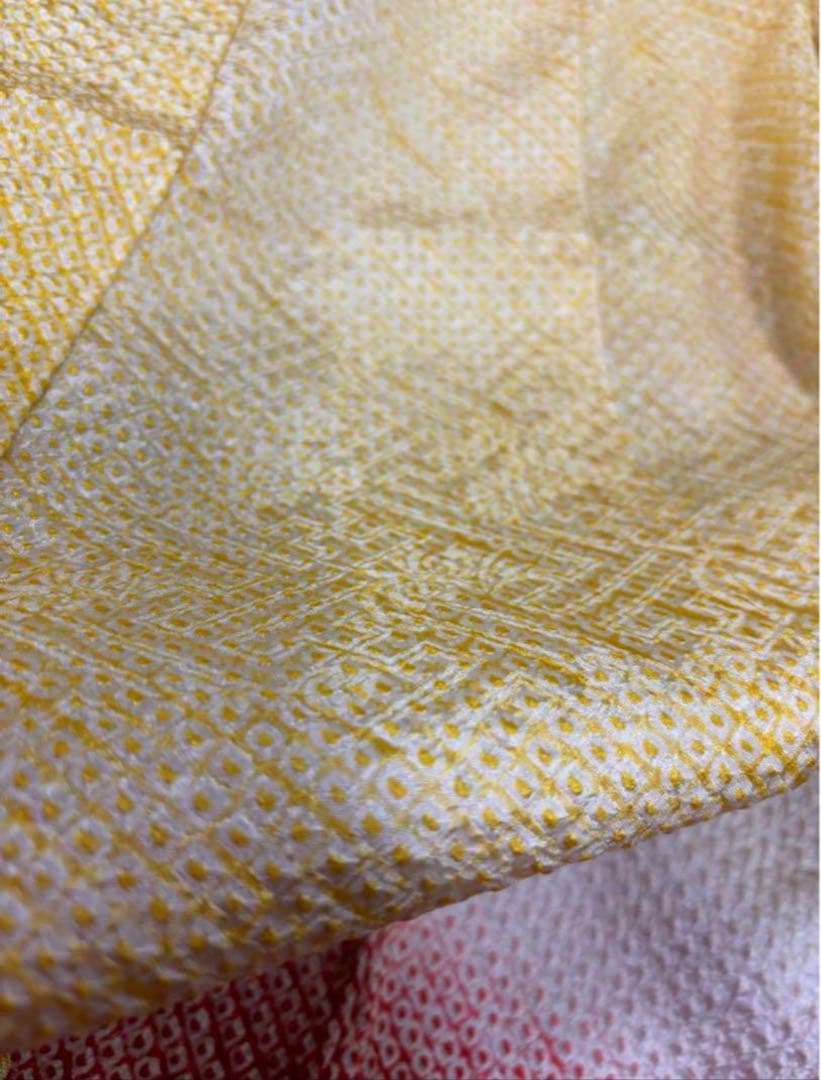 七五三　四ツ身女の子着物　正絹　仮絵羽　艶やか黄色　豪華絞り　刺繍　御所車