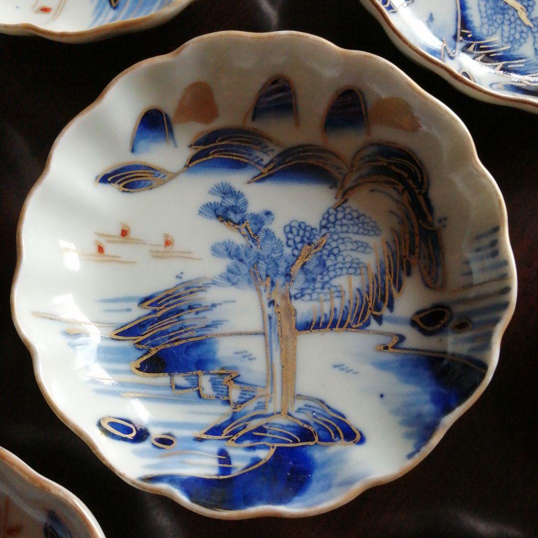 伊万里　金彩染付輪花縁小皿　18枚　10.8cm　明治～大正期