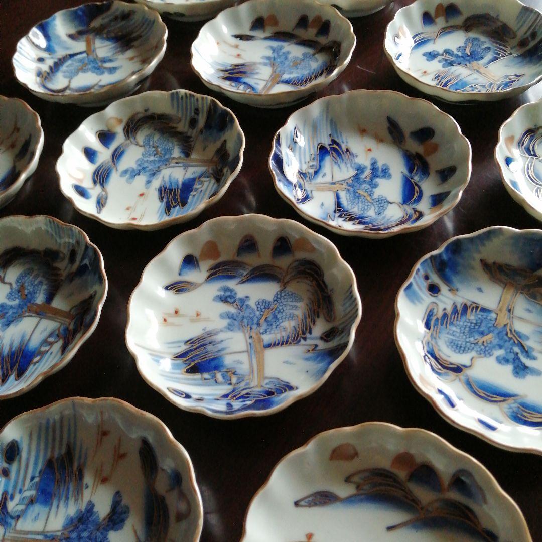 伊万里　金彩染付輪花縁小皿　18枚　10.8cm　明治～大正期