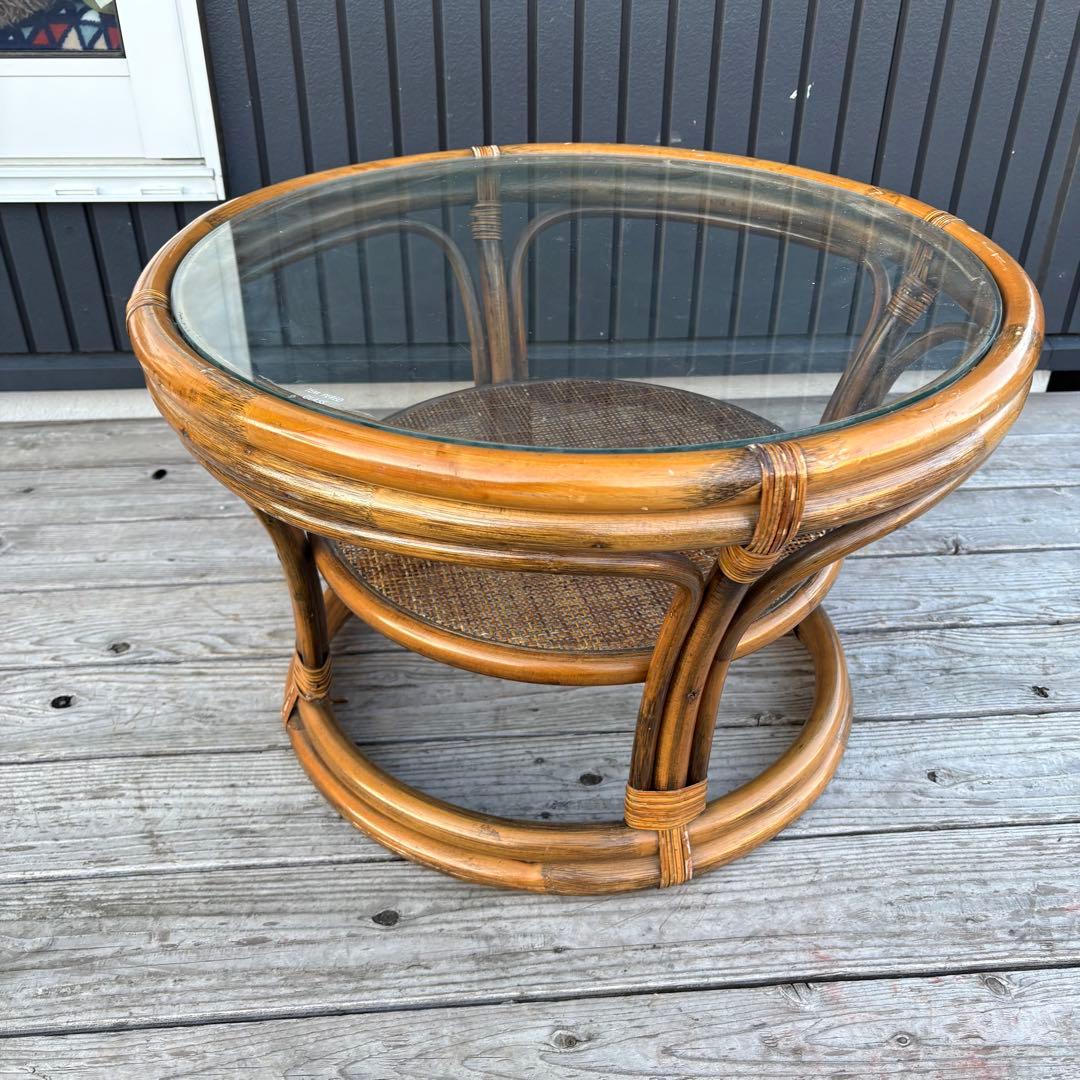 昭和レトロ ラタン ガラステーブル 丸テーブル ラウンドテーブル 籐家具 古家具