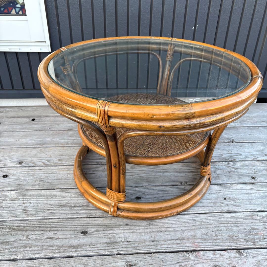 昭和レトロ ラタン ガラステーブル 丸テーブル ラウンドテーブル 籐家具 古家具
