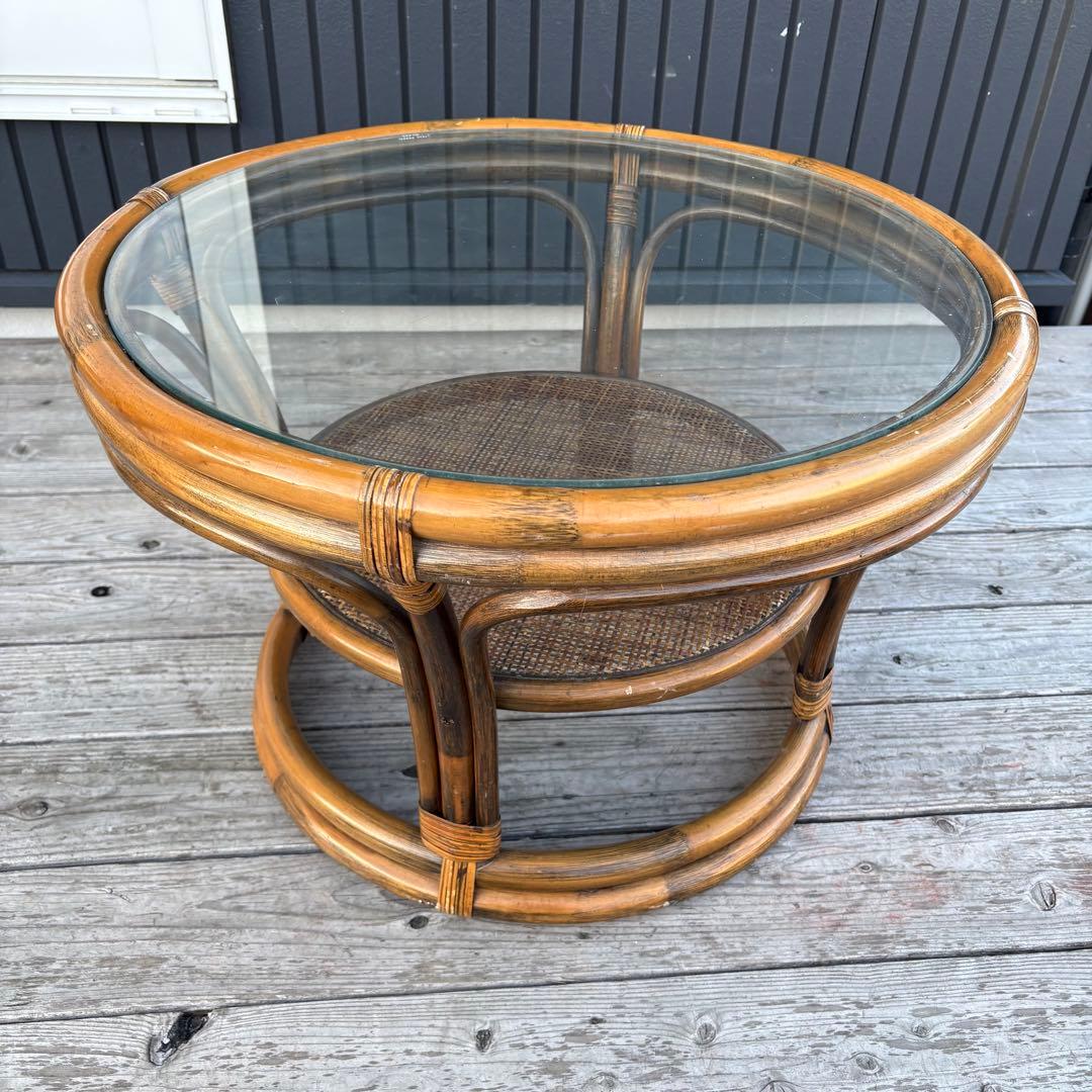 昭和レトロ ラタン ガラステーブル 丸テーブル ラウンドテーブル 籐家具 古家具