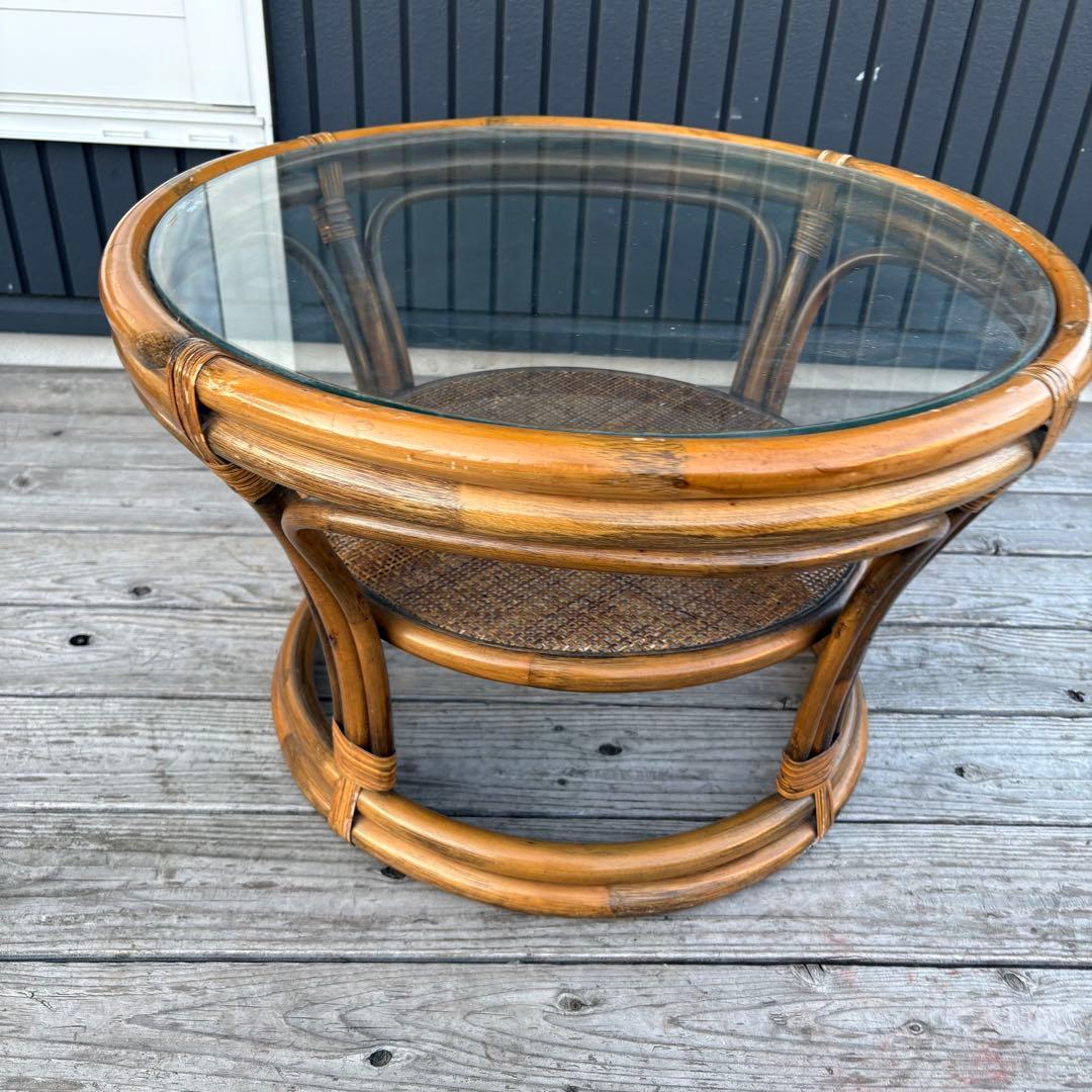 昭和レトロ ラタン ガラステーブル 丸テーブル ラウンドテーブル 籐家具 古家具