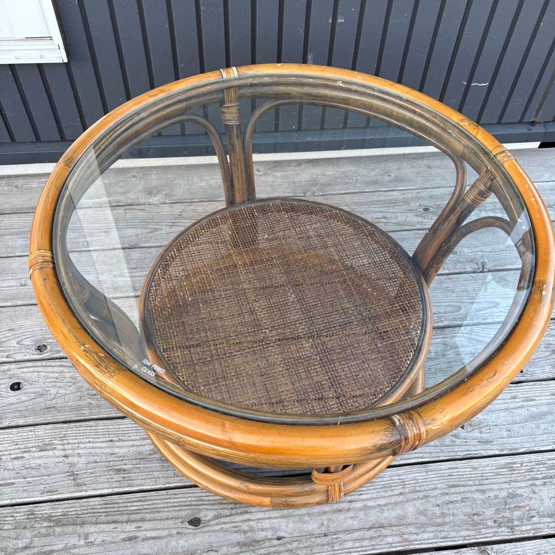 昭和レトロ ラタン ガラステーブル 丸テーブル ラウンドテーブル 籐家具 古家具