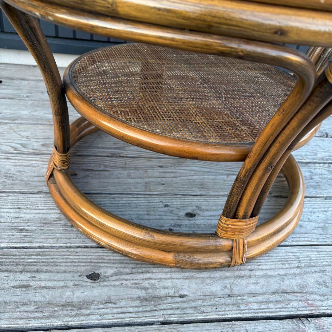 昭和レトロ ラタン ガラステーブル 丸テーブル ラウンドテーブル 籐家具 古家具