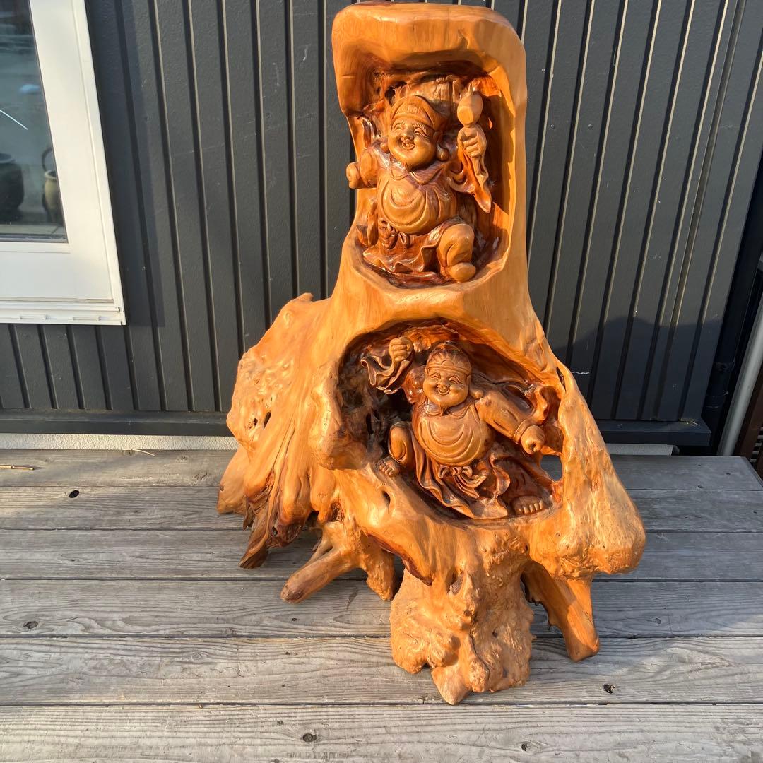 昭和レトロ 天然木 一刀彫 極上彫 七福神 大黒様 大黒天 恵比寿様 大型 置物