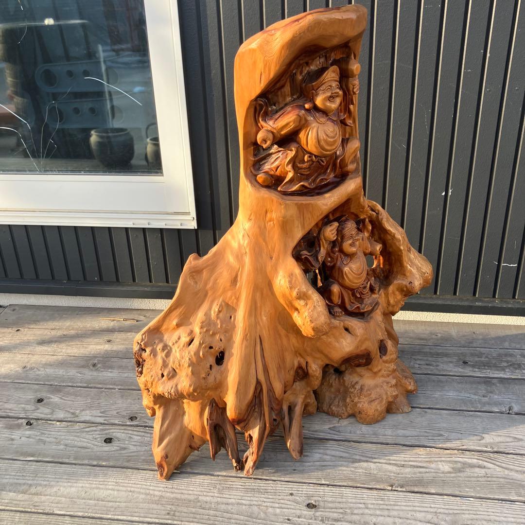 昭和レトロ 天然木 一刀彫 極上彫 七福神 大黒様 大黒天 恵比寿様 大型 置物