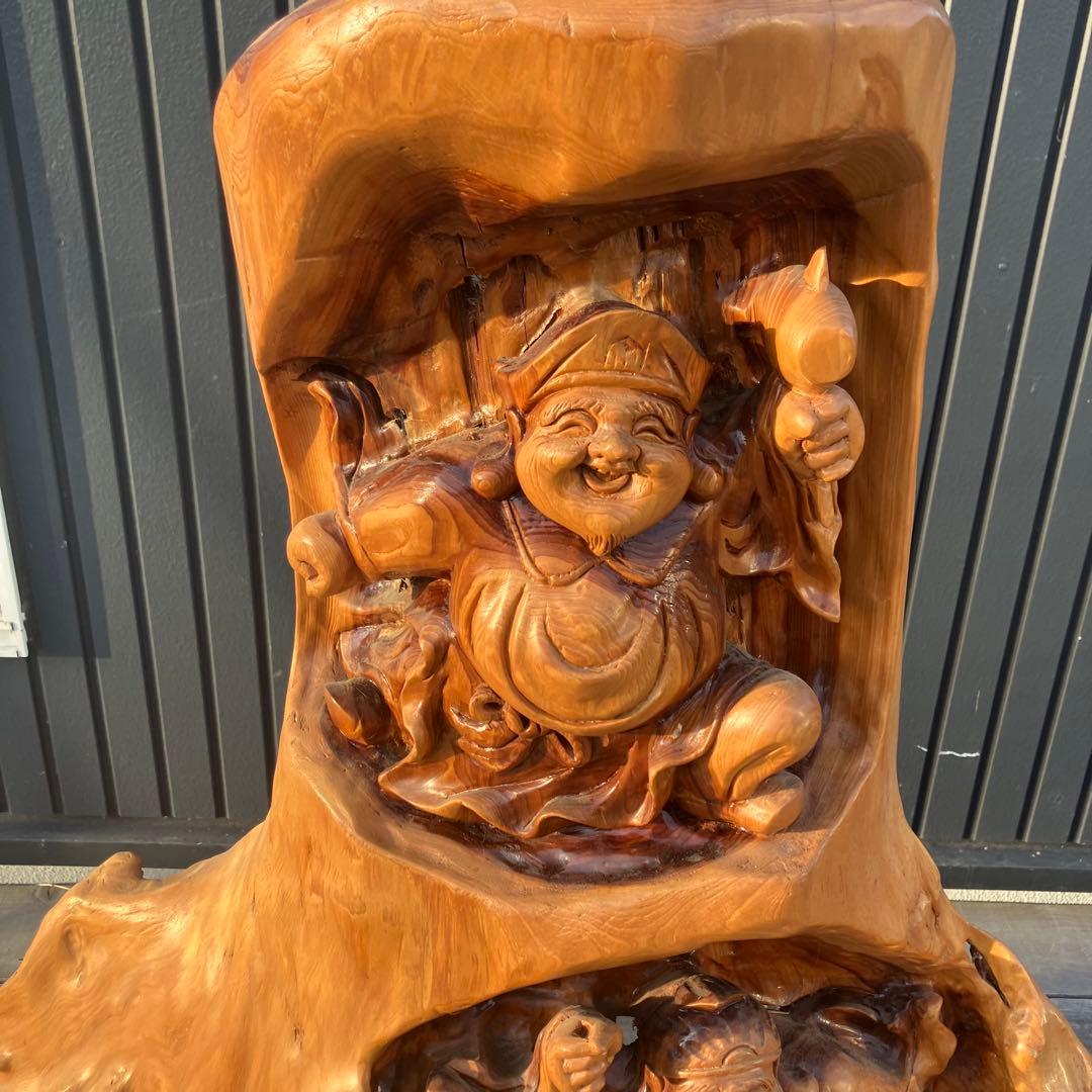 昭和レトロ 天然木 一刀彫 極上彫 七福神 大黒様 大黒天 恵比寿様 大型 置物