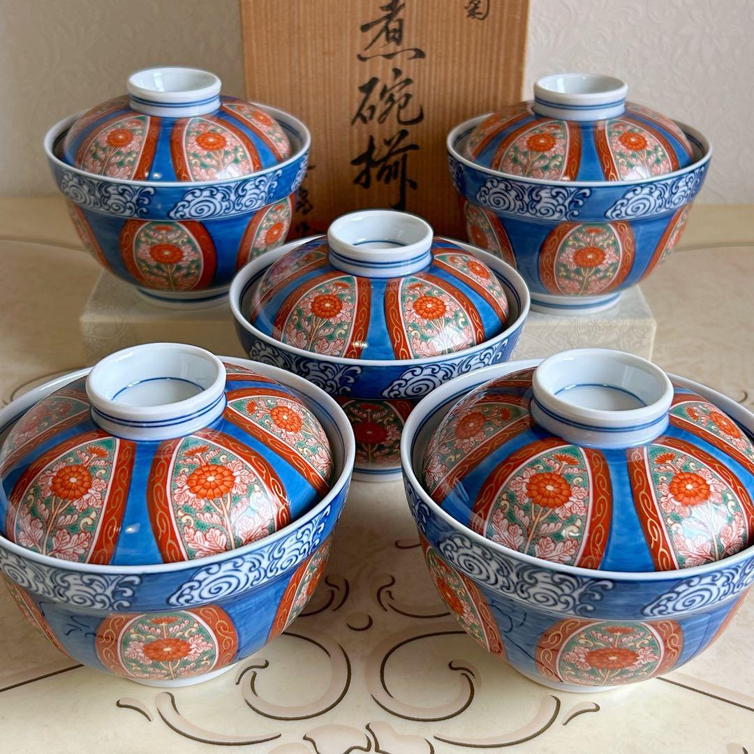 有田焼　賞美堂　其泉窯　蓋付き丼ぶり揃　5客セット　金彩古伊万里　雑煮碗　正月