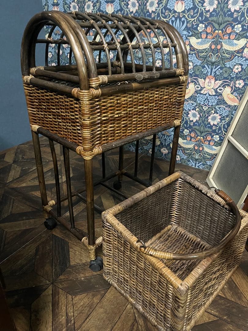 ラタン ドーム型 蓋付き2段かご ランドリーバスケット 籐インテリア 昭和レトロ