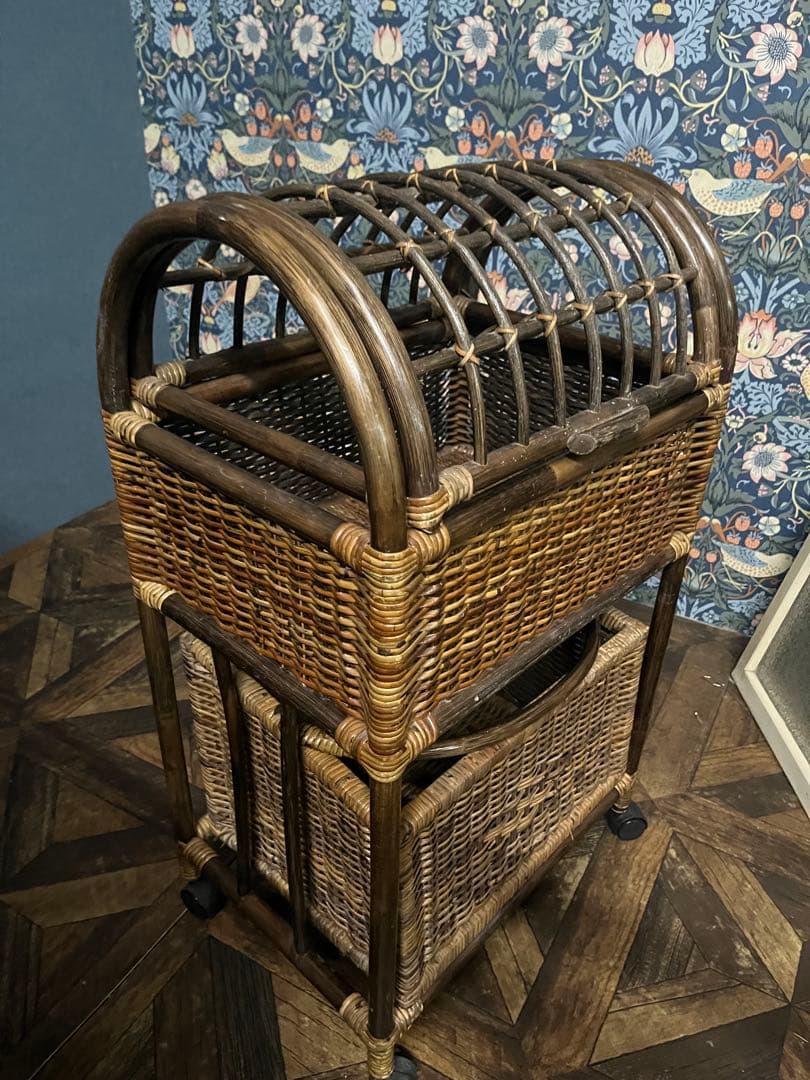 ラタン ドーム型 蓋付き2段かご ランドリーバスケット 籐インテリア 昭和レトロ