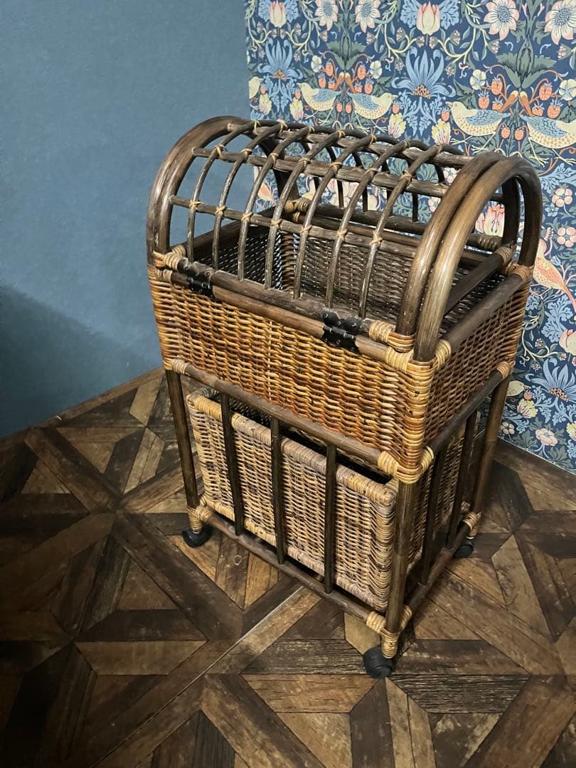 ラタン ドーム型 蓋付き2段かご ランドリーバスケット 籐インテリア 昭和レトロ