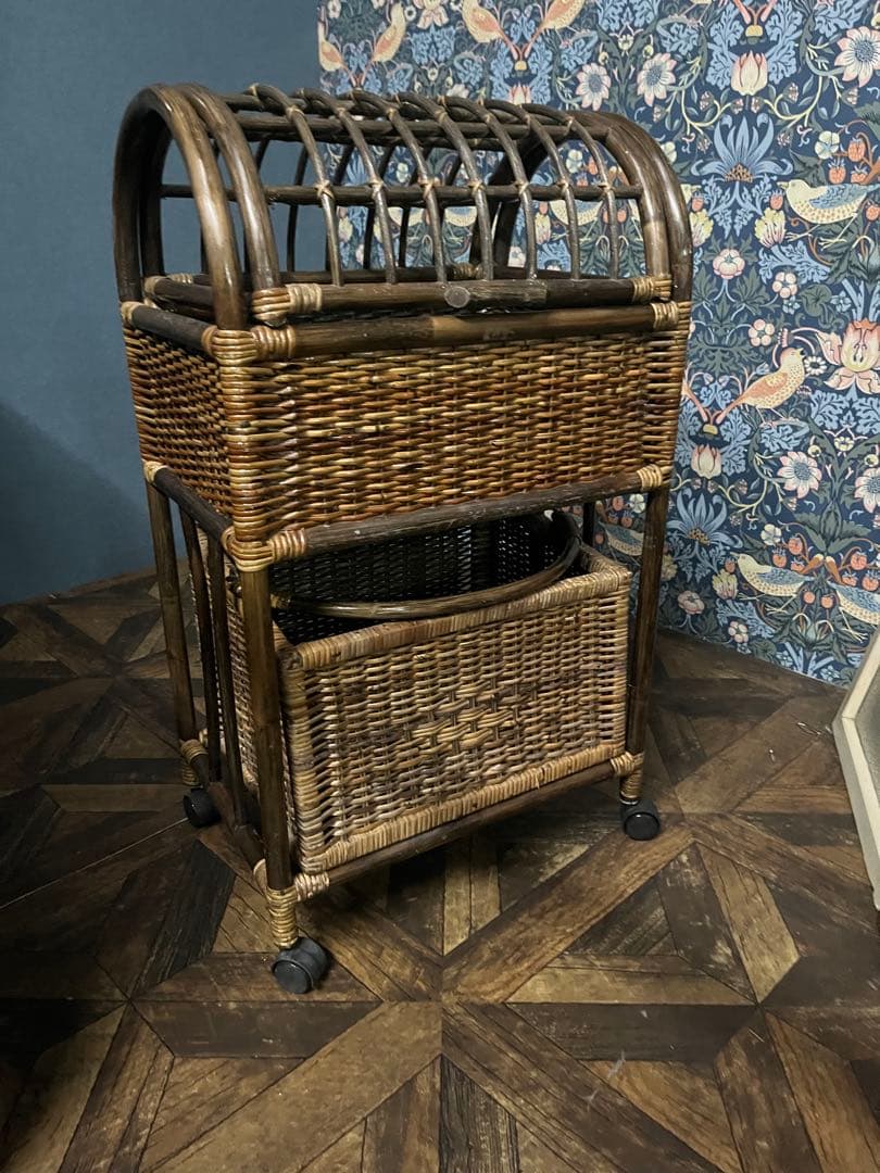 ラタン ドーム型 蓋付き2段かご ランドリーバスケット 籐インテリア 昭和レトロ