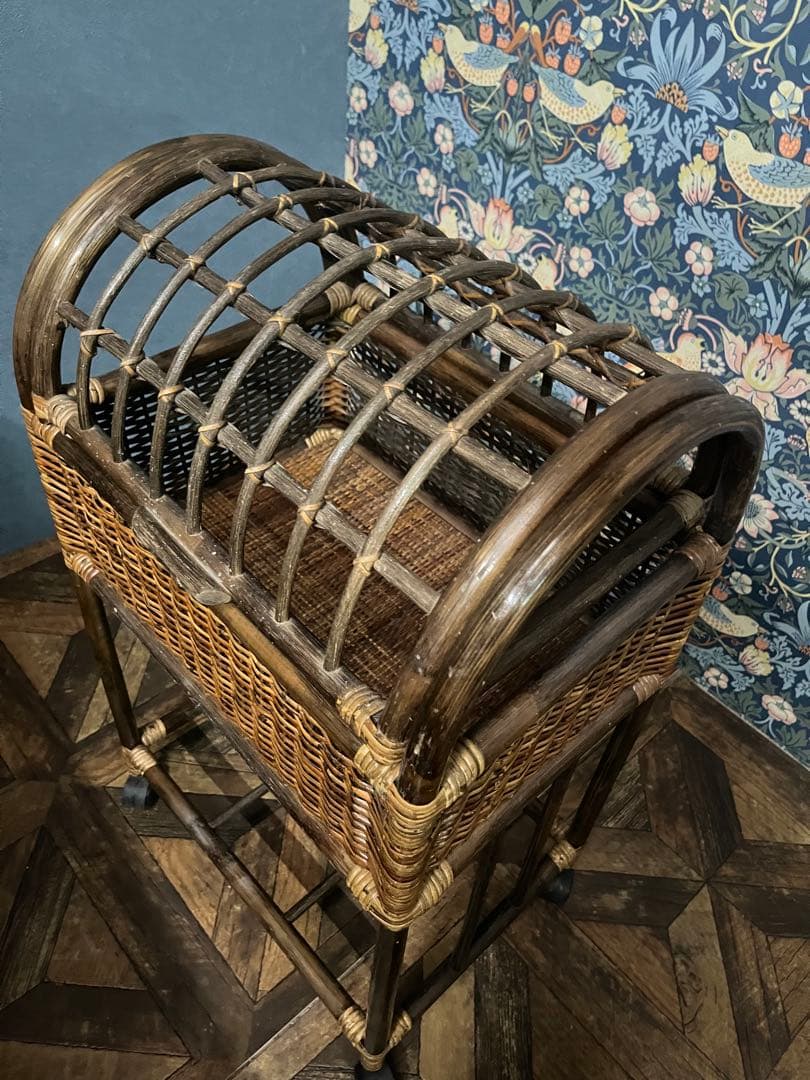 ラタン ドーム型 蓋付き2段かご ランドリーバスケット 籐インテリア 昭和レトロ