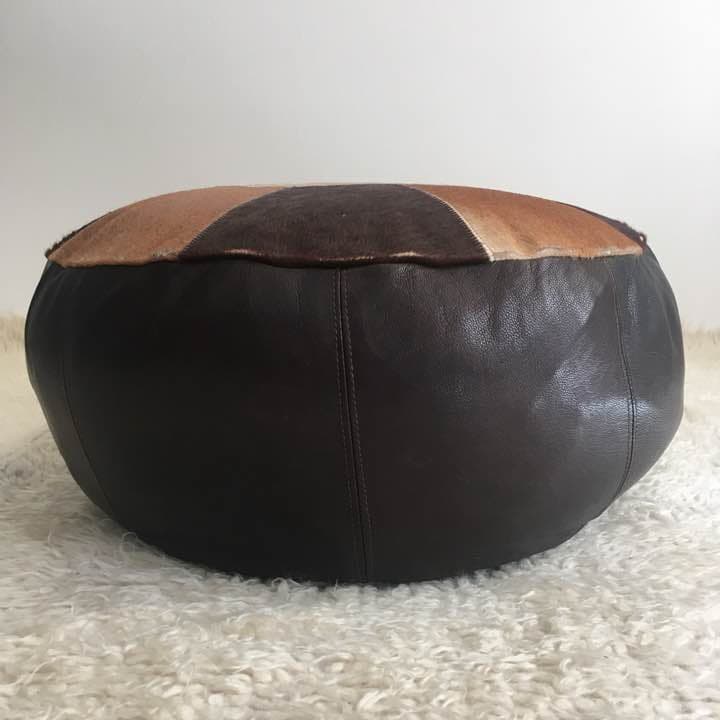 本革クッション・毛付き・ブラウンレザーオットマン・プフ