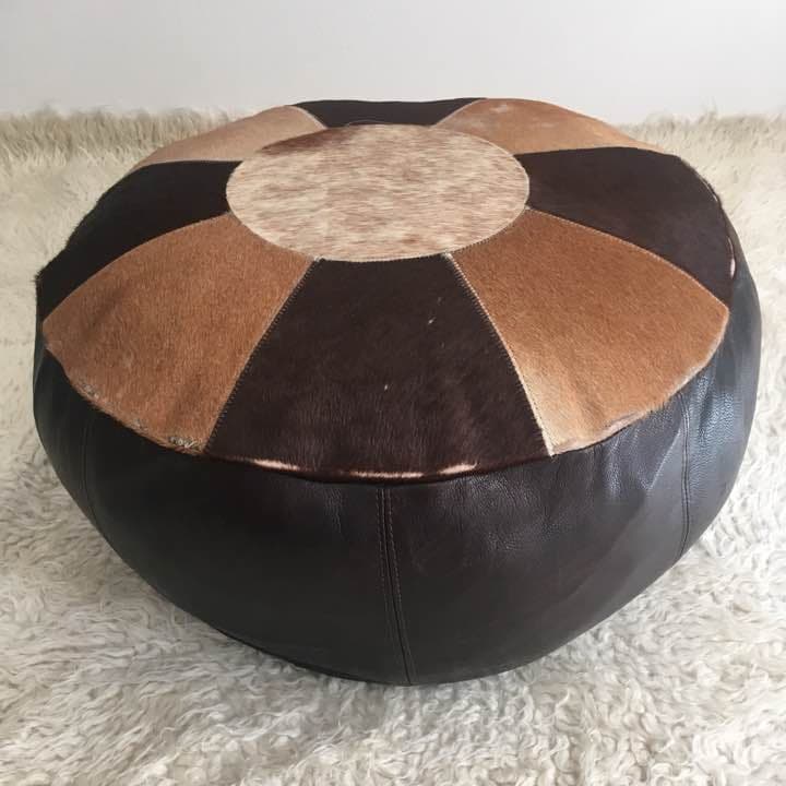本革クッション・毛付き・ブラウンレザーオットマン・プフ