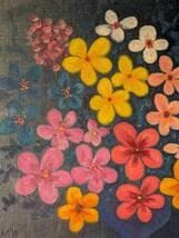 【真作】絵画　沖野実　油彩8号　夜の花束　カラフルな幻想花　濃紺背景　X91