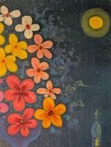 【真作】絵画　沖野実　油彩8号　夜の花束　カラフルな幻想花　濃紺背景　X91