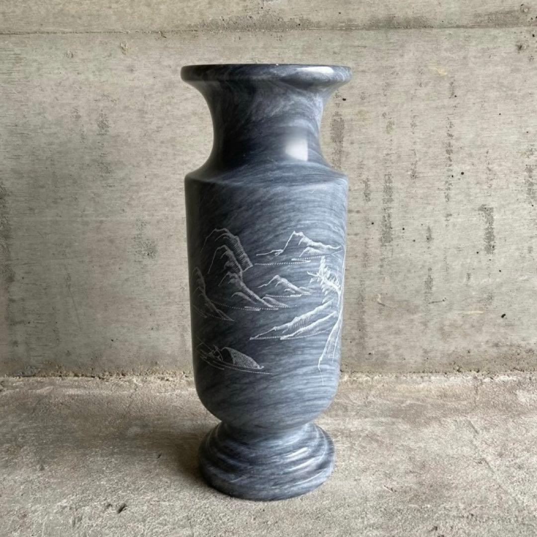 大理石 壺 置物 花瓶 花器 フラワーベース 山水 彫刻 大型 工芸品