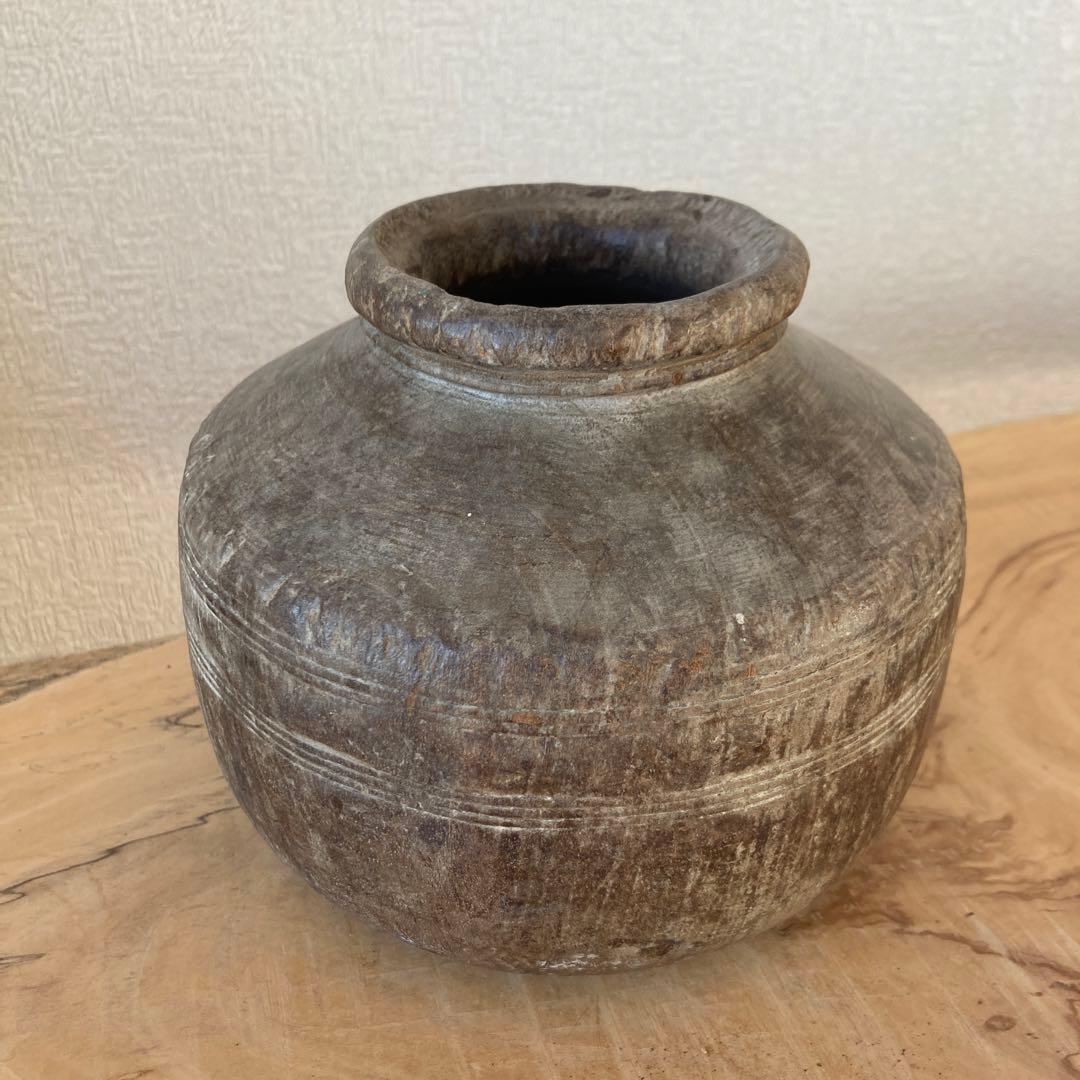 インド　木製のポットB　木工品　古道具坂田　古物　骨董　フラワーベース　花瓶
