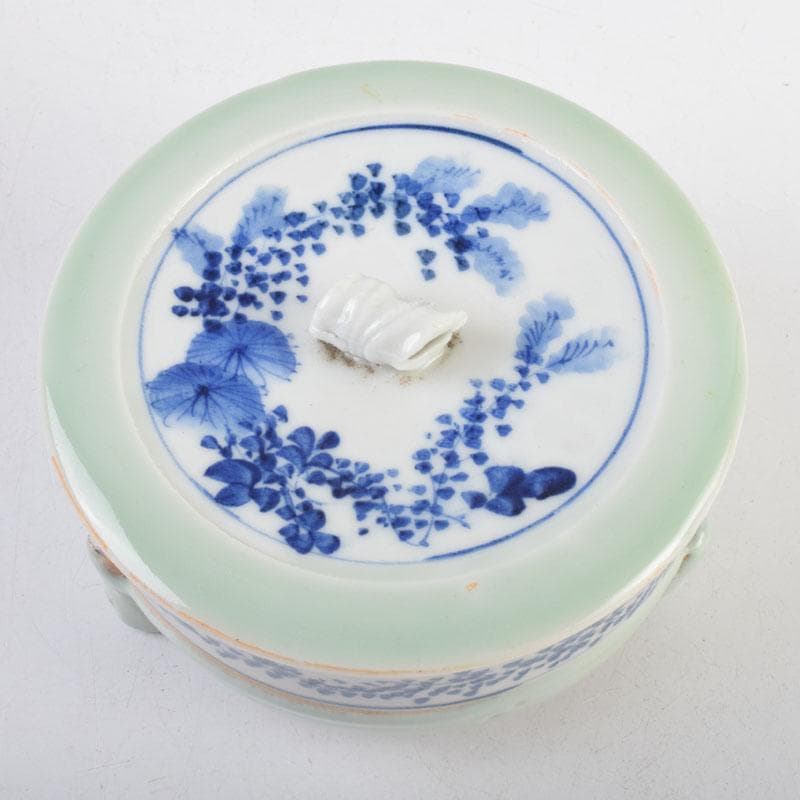 瀬戸焼　染付　花草文　三足香炉　蓋物　在銘　時代箱　V　9032