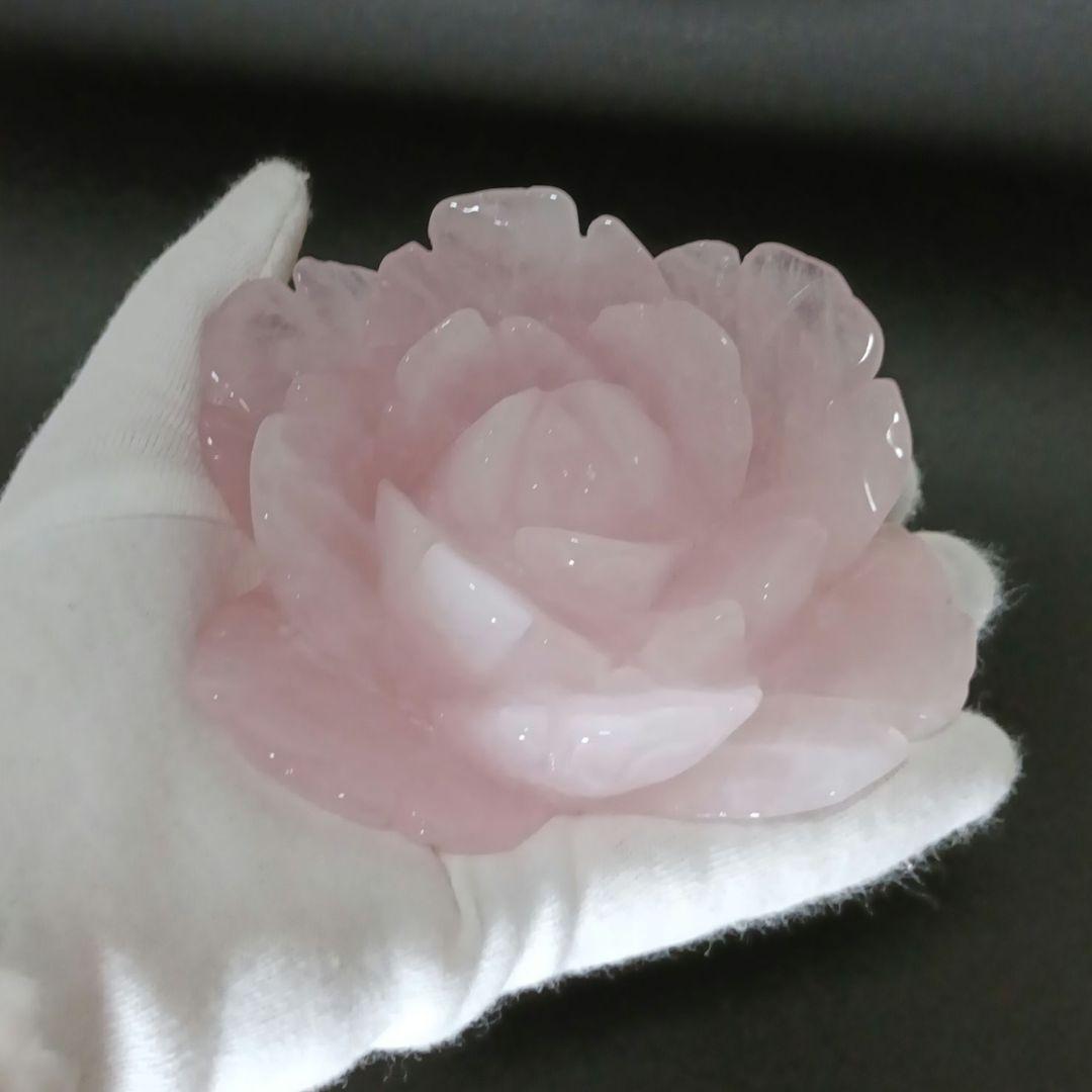 花 S ローズクォーツ　大きな　薔薇　芍薬　牡丹　彫刻　天然石　置物